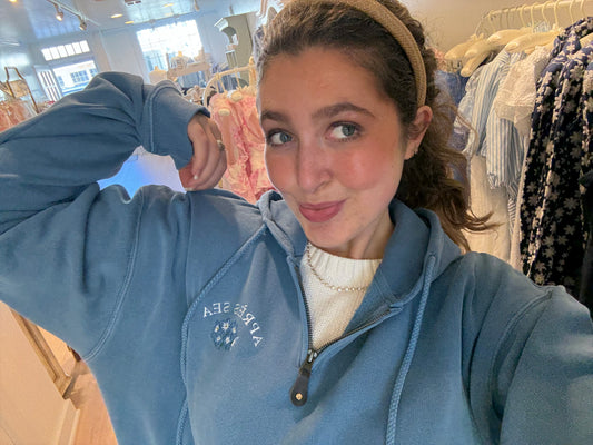 APRÈS SEA HYDRANGEA EMBROIDERED QUARTER-ZIP - WASHED UP BLUE