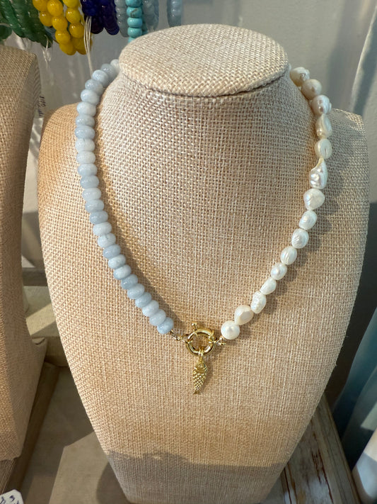 BAROQUE PEARL & AQUAMARINE 14k filled Fish Charm Necklace- HANDMADE IN CHARLESTON