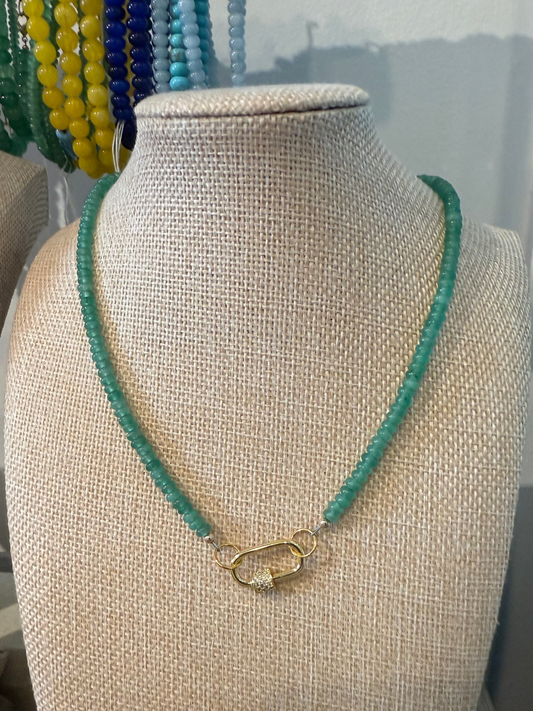 GREEN JADE BEADED NECKLACE W GOLD PAVE CLASP - HANDMADE IN CHARLESTON
