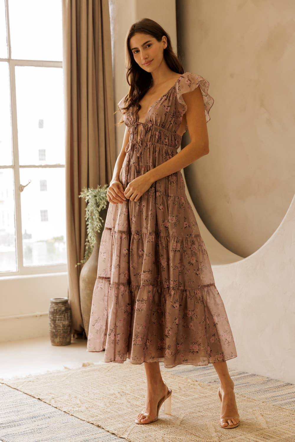 LANA FLORAL TIE FRONT TIERED MIDI DRESS: MAUVE FLORAL