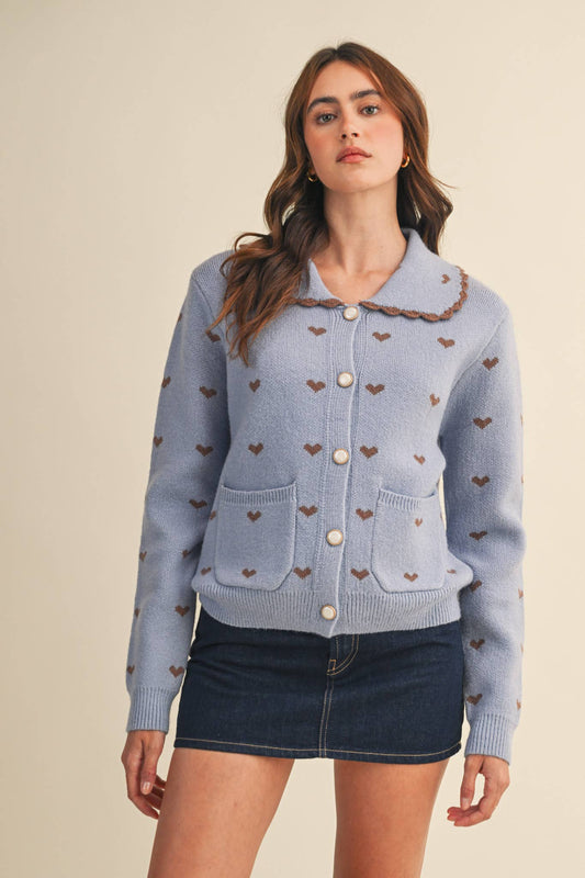 LOVER GIRL BLUE DOLL COLLAR HEART KNIT SWEATER CARDIGAN - DUSTY BLUE