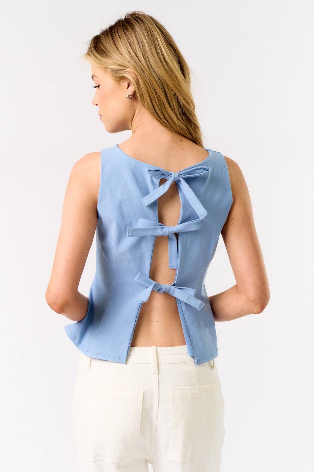 Back Bow Tie Boat Neck Peplum Top: IVORY / S