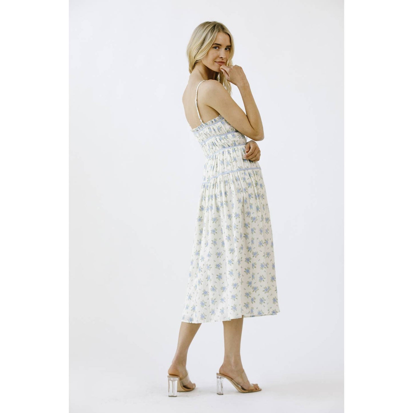 FLORAL PRINT AND CONTRAST LINING MIDI DRESS: IVORY/BLUE FLORAL