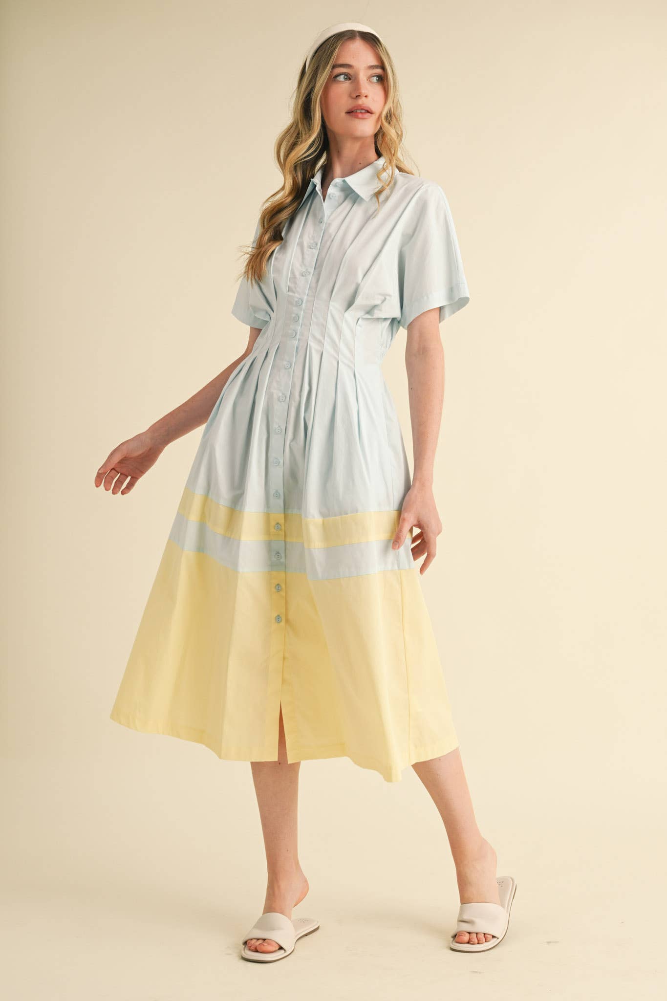 THE BEST HOSTESS BUTTON DOWN PLEATED WAIST COLOR BLOCK DRESS