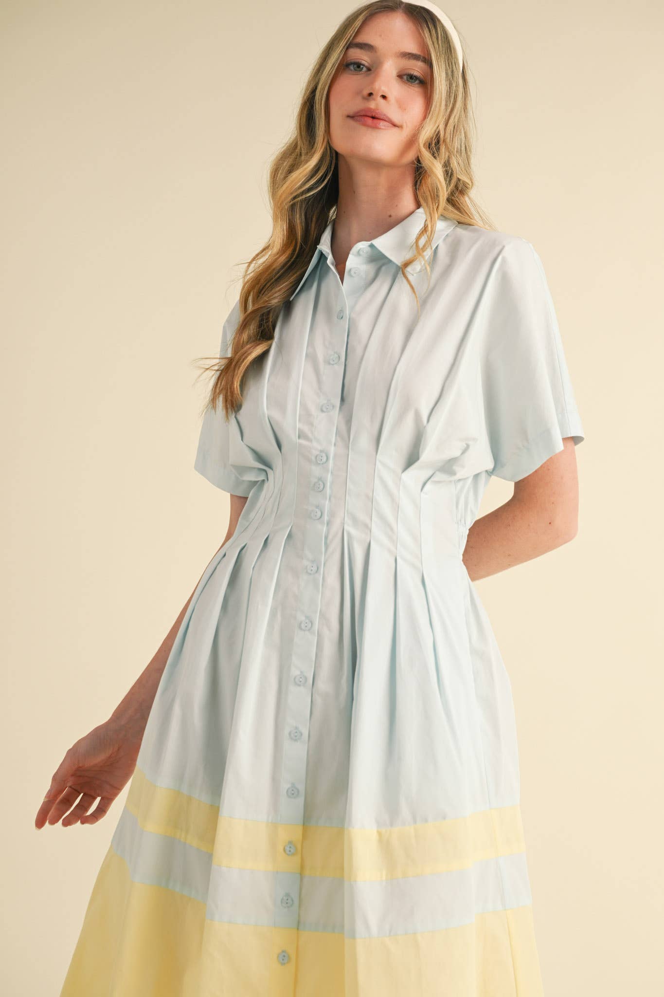 THE BEST HOSTESS BUTTON DOWN PLEATED WAIST COLOR BLOCK DRESS