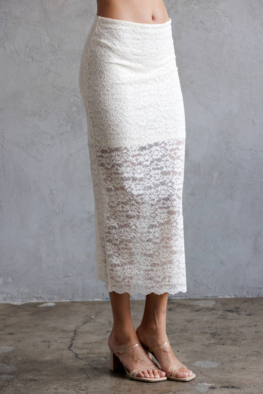 VOGUE FLORAL LACED BODYCON MIDI SKIRT: CREAM
