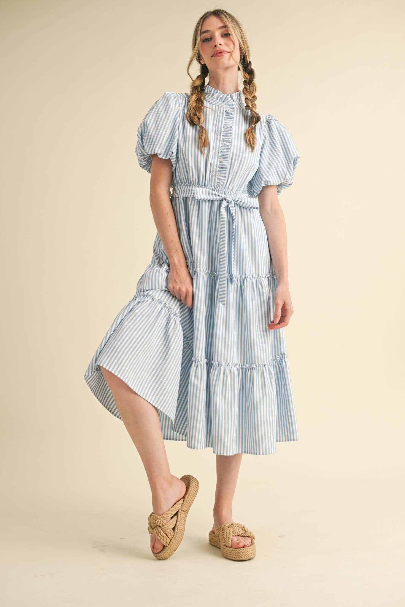 STRIPED RUFFLED BUTON DOWN MIDI DRESS - SKYBLUE STRIPE