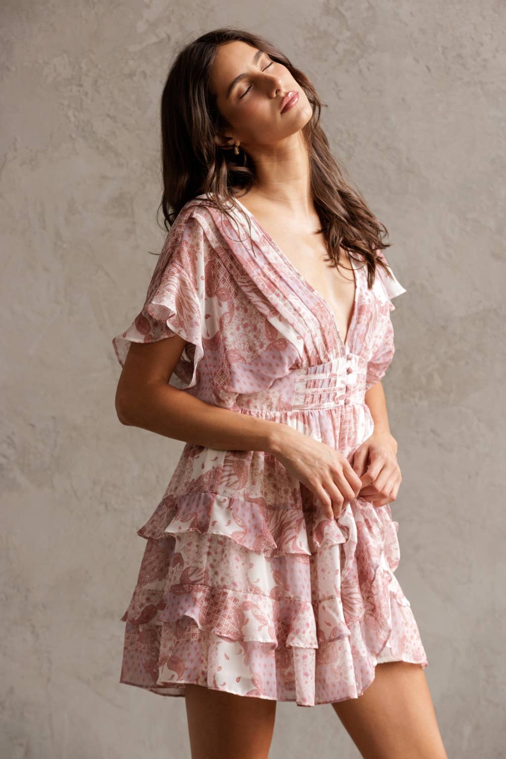 ST TROPEZ PINK FLORAL RUFFLE TIERED MINI DRESS