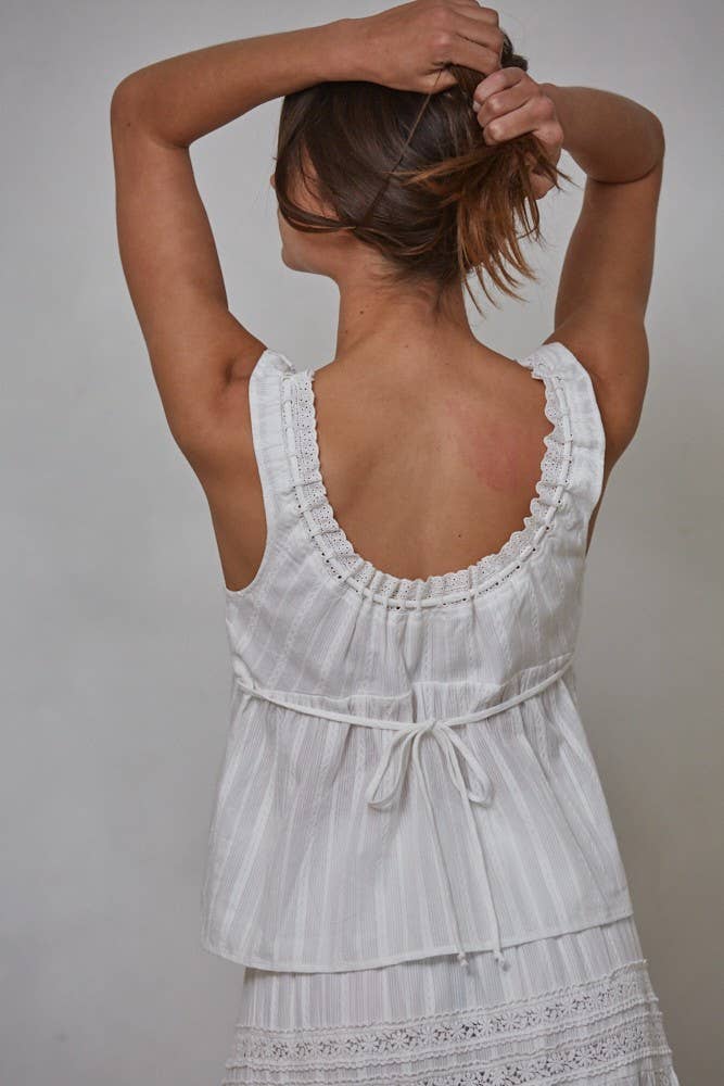 The Isabel French Woven Cotton Scoop Lace Neck Sleeveless Top