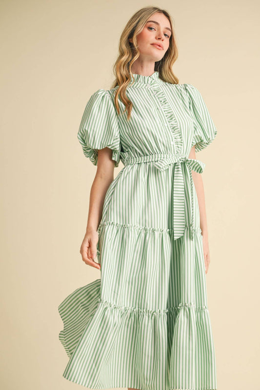 STRIPED RUFFLED BUTON DOWN MIDI DRESS - EMERALD STRIPE