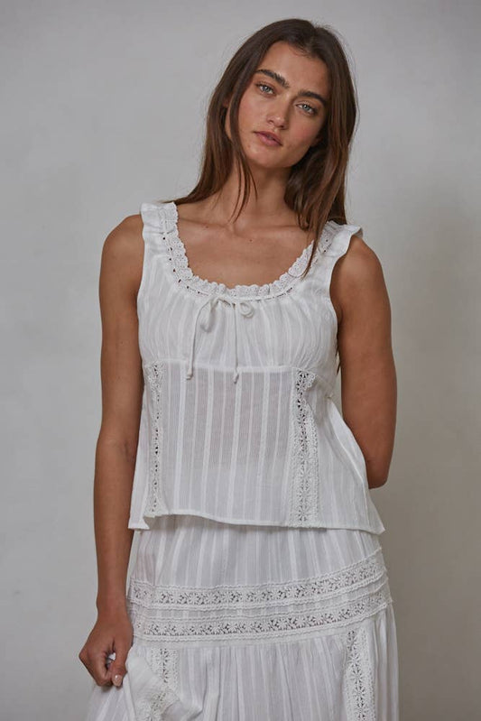 The Isabel French Woven Cotton Scoop Lace Neck Sleeveless Top