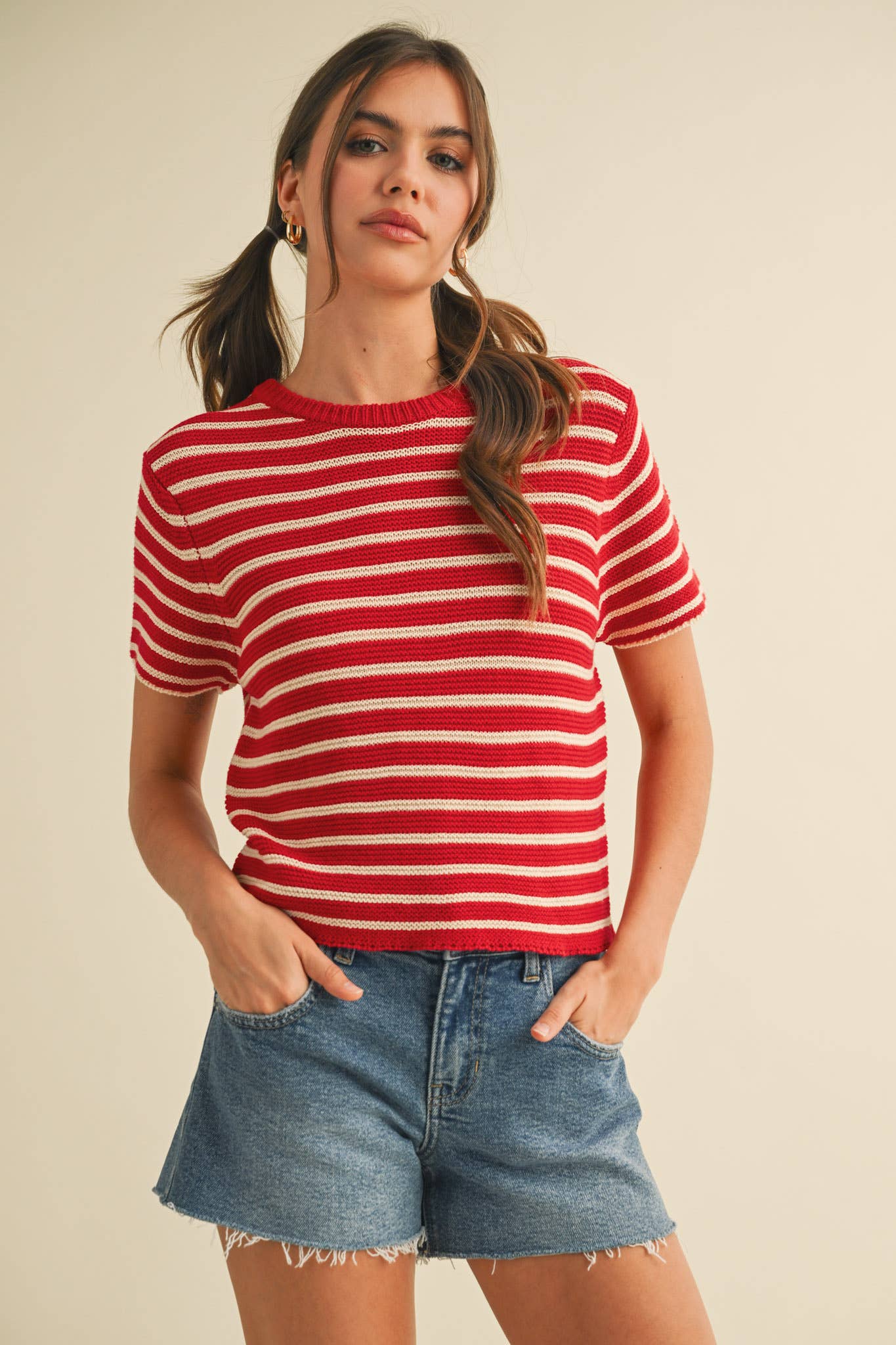 SHORT SLEEVE STRIPED SWEATER TOP Red Stripe