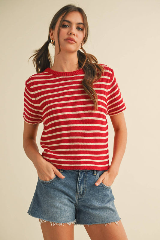 SHORT SLEEVE STRIPED SWEATER TOP Red Stripe
