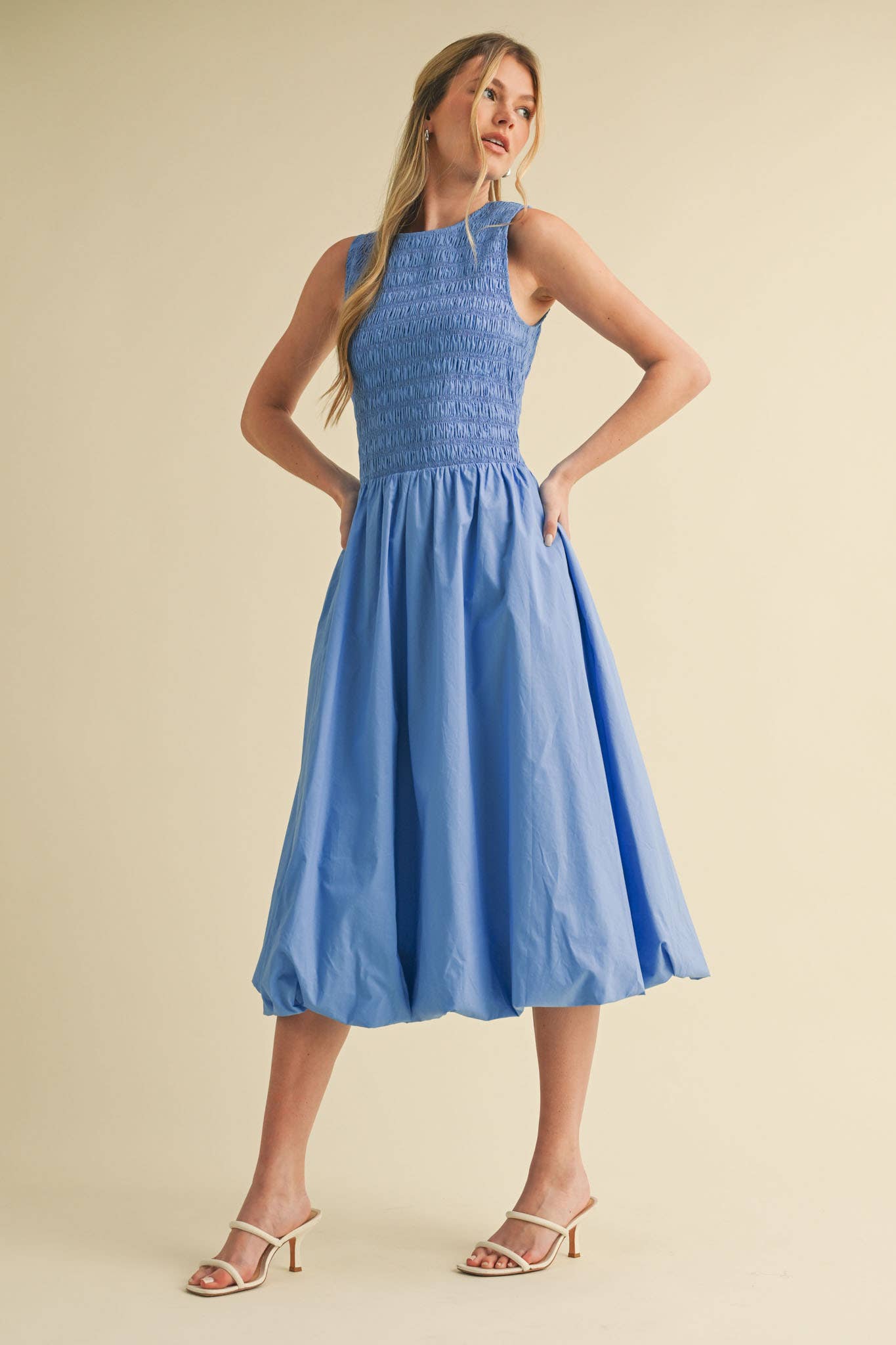 SMOCKED BUBBLE HEM MIDI DRESS MARINE BLUE