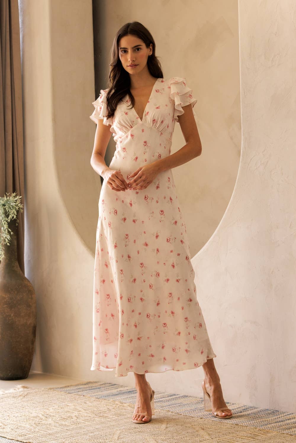 LANA FLORAL V-NECK MIDI DRESS: PINK FLORAL