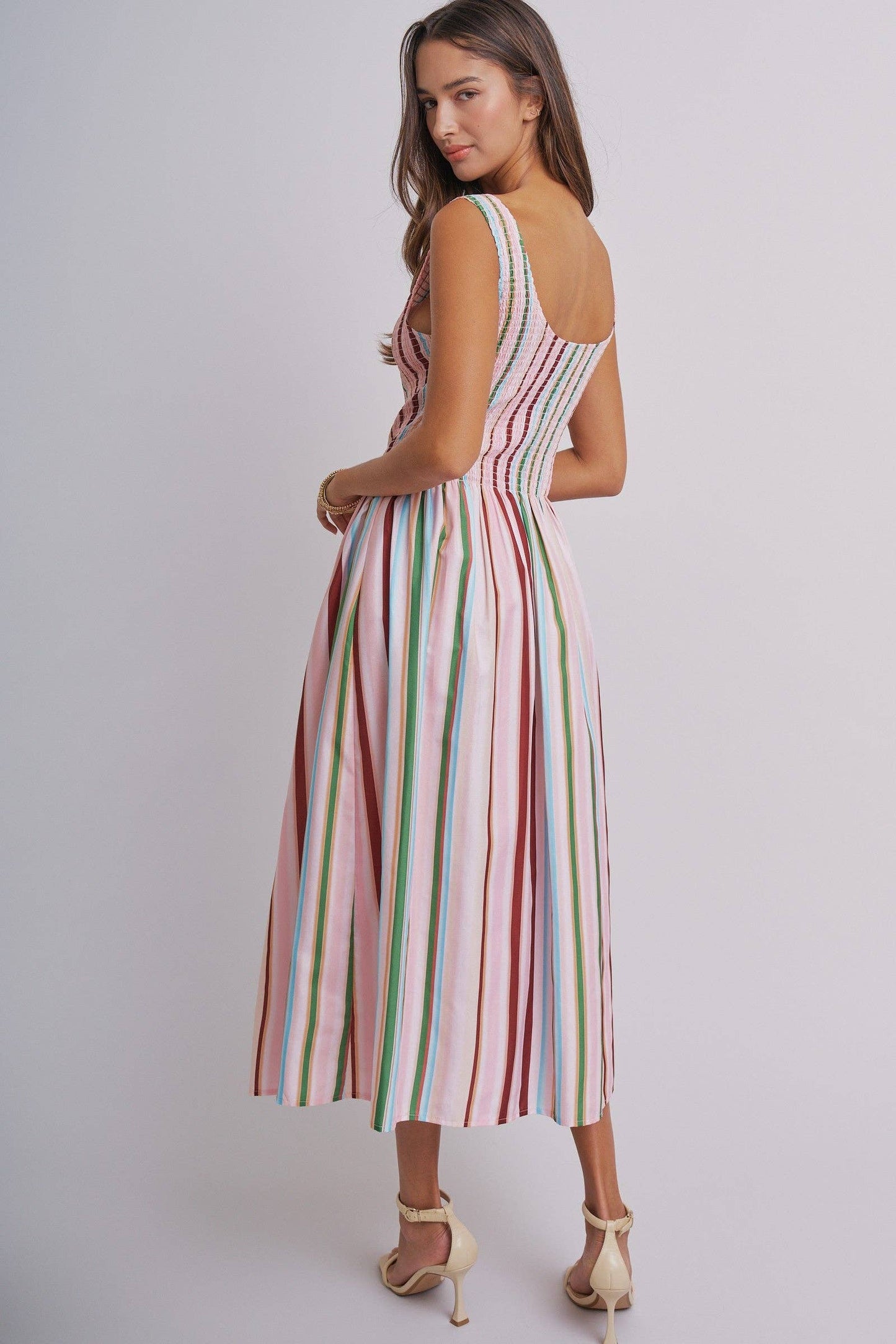 Candy Stripe Smocked Midi Dress With High Neckline: Multi / S-M-L