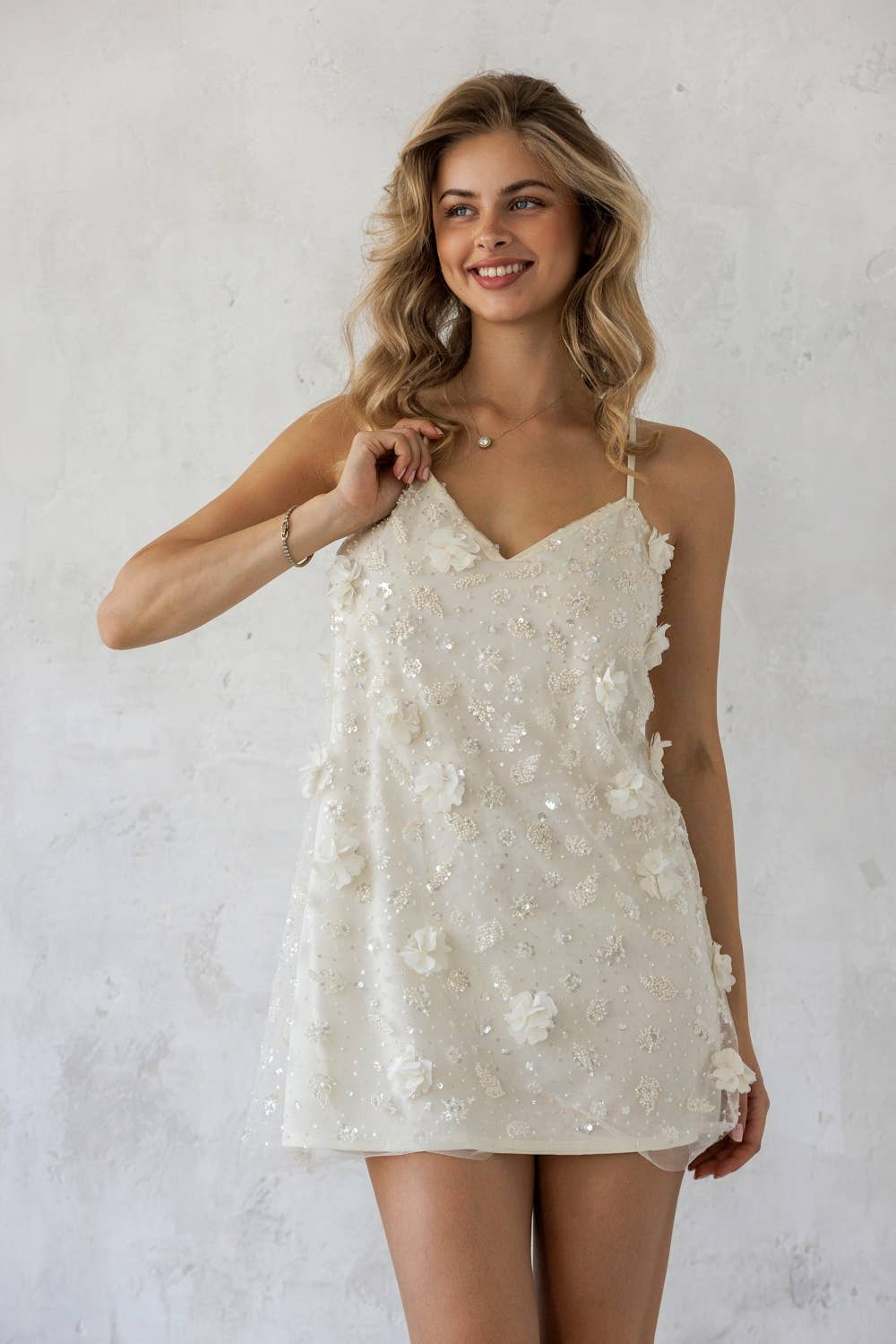 MERMAID SEQUIN EMBELLISHED SLIP DRESS: IVORY CREAM