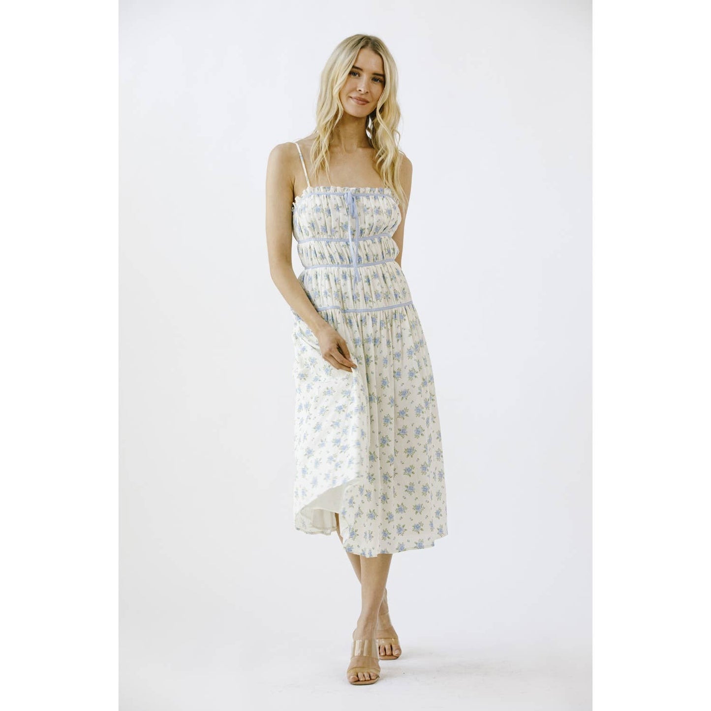 FLORAL PRINT AND CONTRAST LINING MIDI DRESS: IVORY/BLUE FLORAL