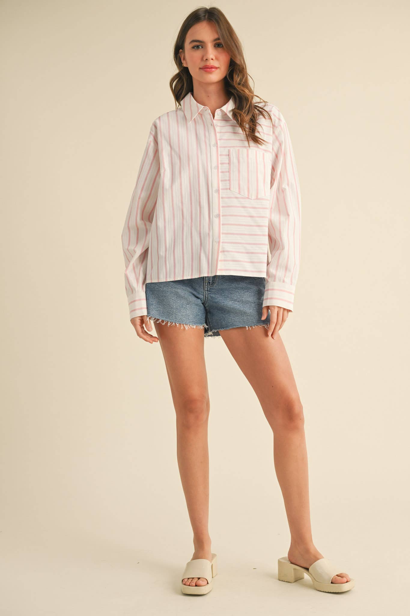 DAILY STRIPED COLLARED BUTTON DOWN TOP - CUSTARD STRIPE