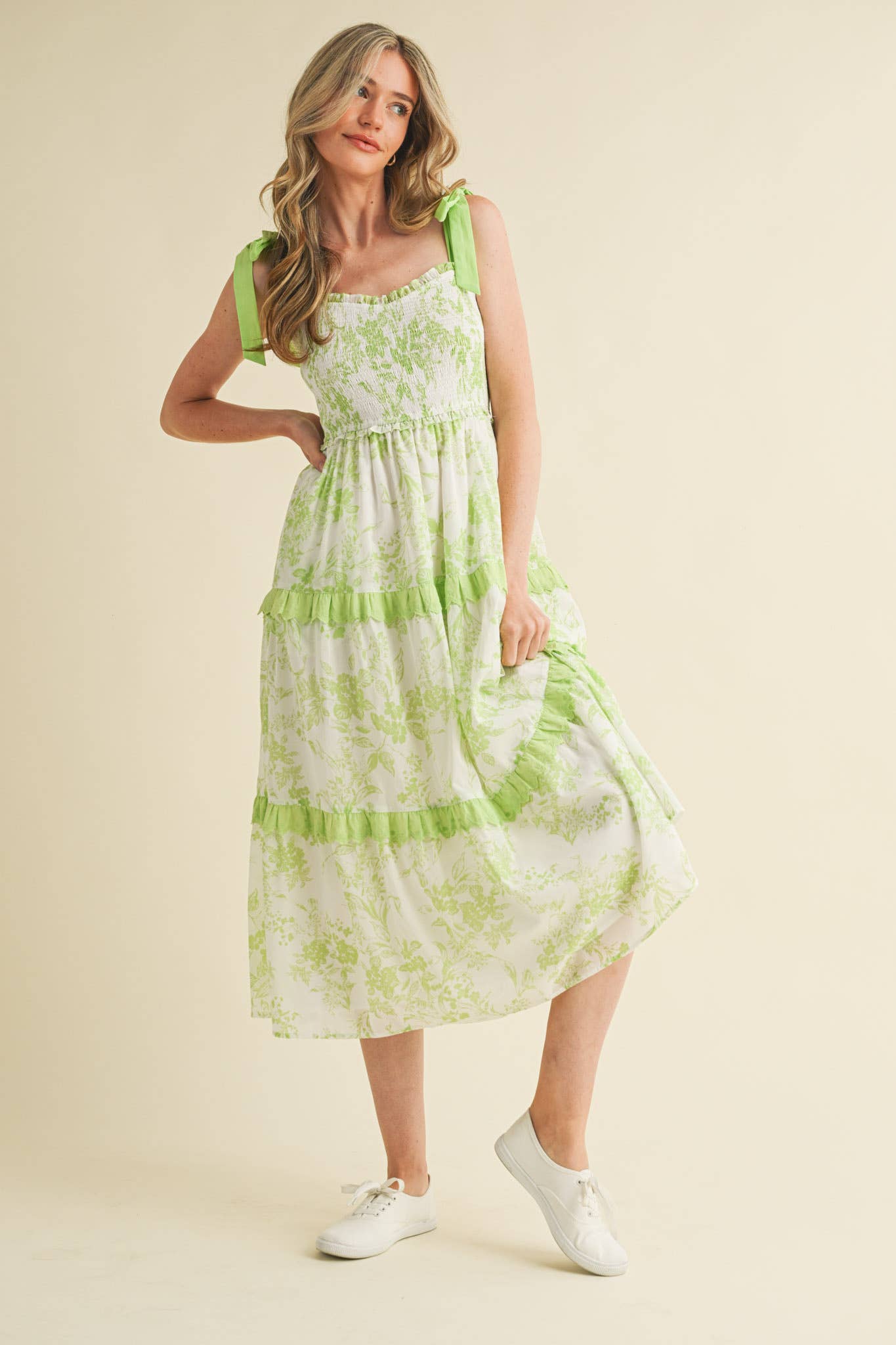 PINK FLORAL TIERED SCALLOP TRIM DRESS