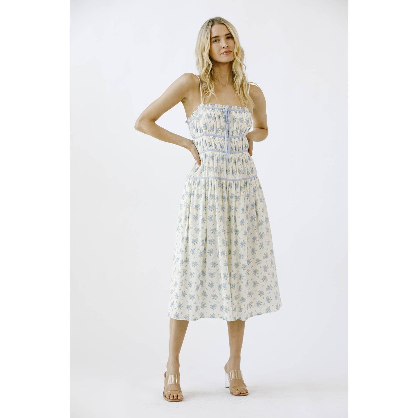 FLORAL PRINT AND CONTRAST LINING MIDI DRESS: IVORY/BLUE FLORAL