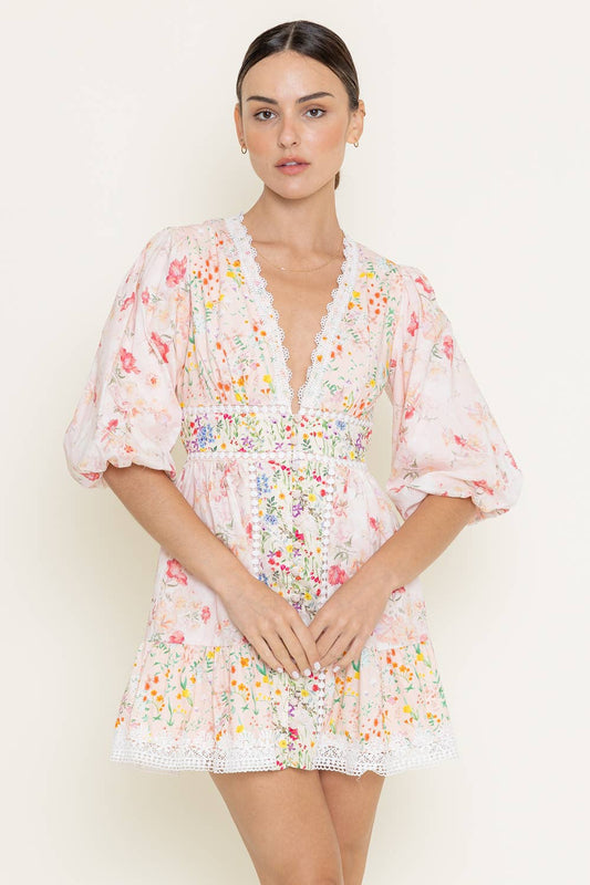 FLORAL PRINT PRINK CROCHET BUBBLE HEM SLEEVE MINI DRESS