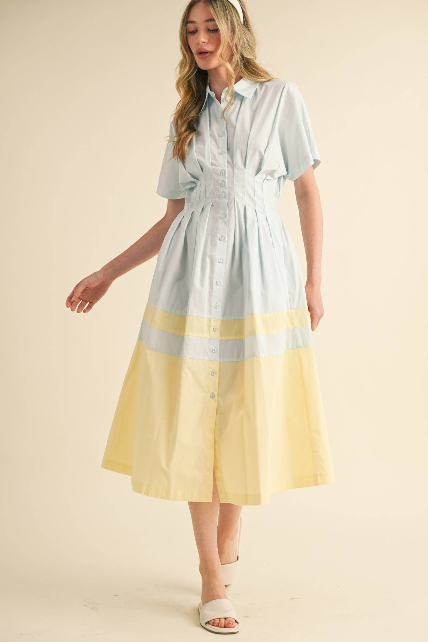 THE BEST HOSTESS BUTTON DOWN PLEATED WAIST COLOR BLOCK DRESS