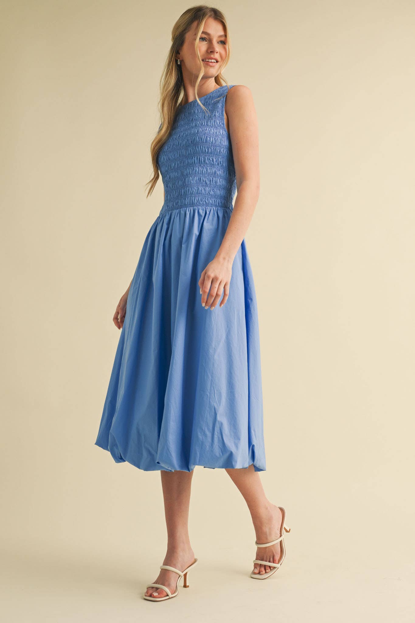 SMOCKED BUBBLE HEM MIDI DRESS MARINE BLUE