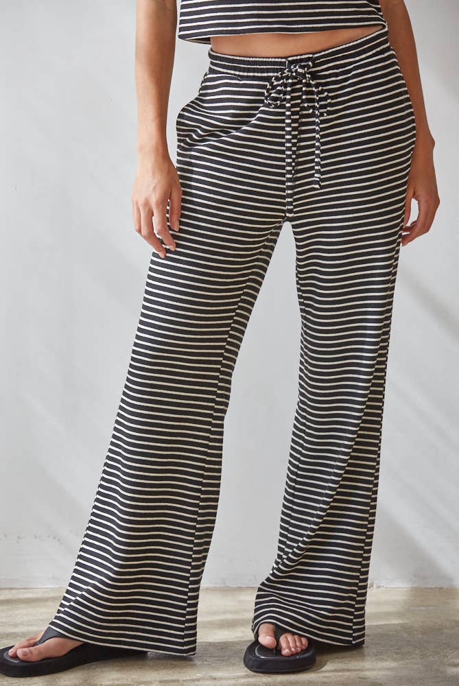 L8945B | Knit Polyester Cotton Striped Flare Pants: Grey Blue / S