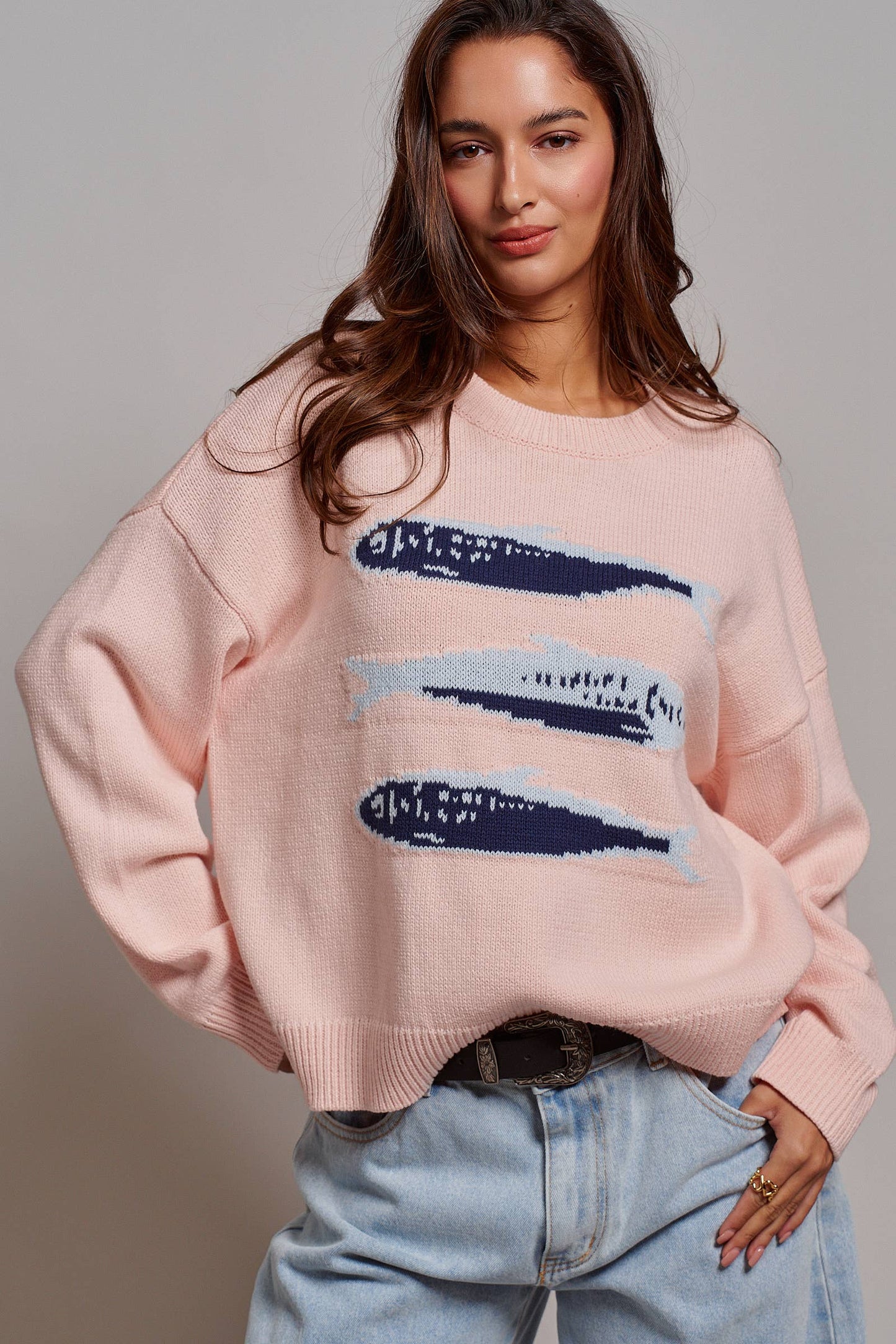 Graphic Oversized Drop-Shoulder Knit Sweater: Blue / SM-ML:3-3