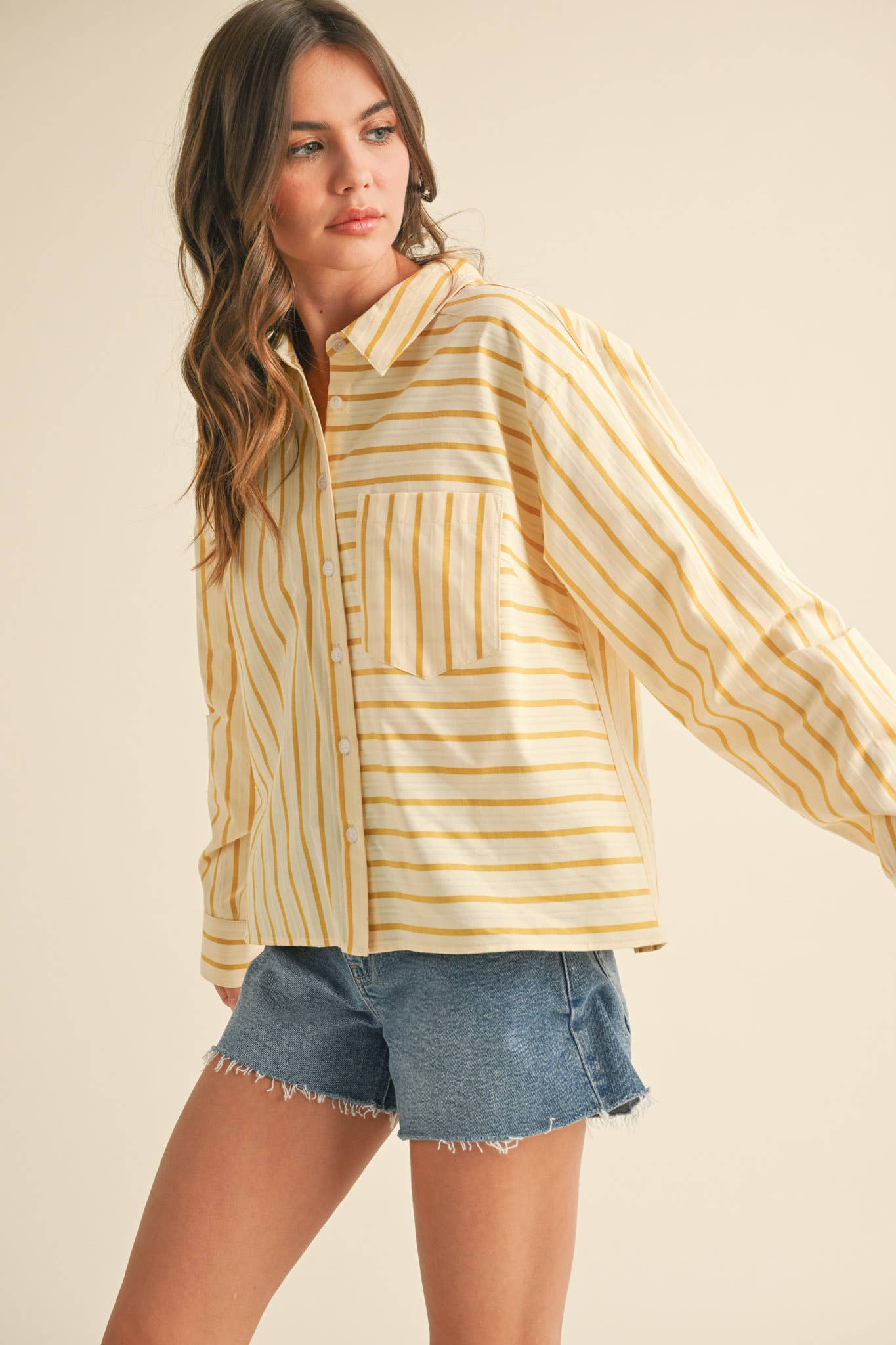 DAILY STRIPED COLLARED BUTTON DOWN TOP - CUSTARD STRIPE