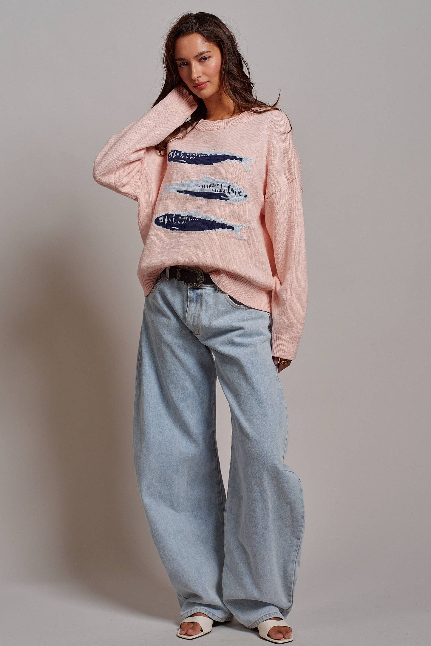 Graphic Oversized Drop-Shoulder Knit Sweater: Blue / SM-ML:3-3
