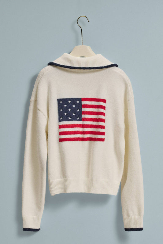 Americana Flag Quarter-Zip Knit Sweater: Ivory / SM- ML