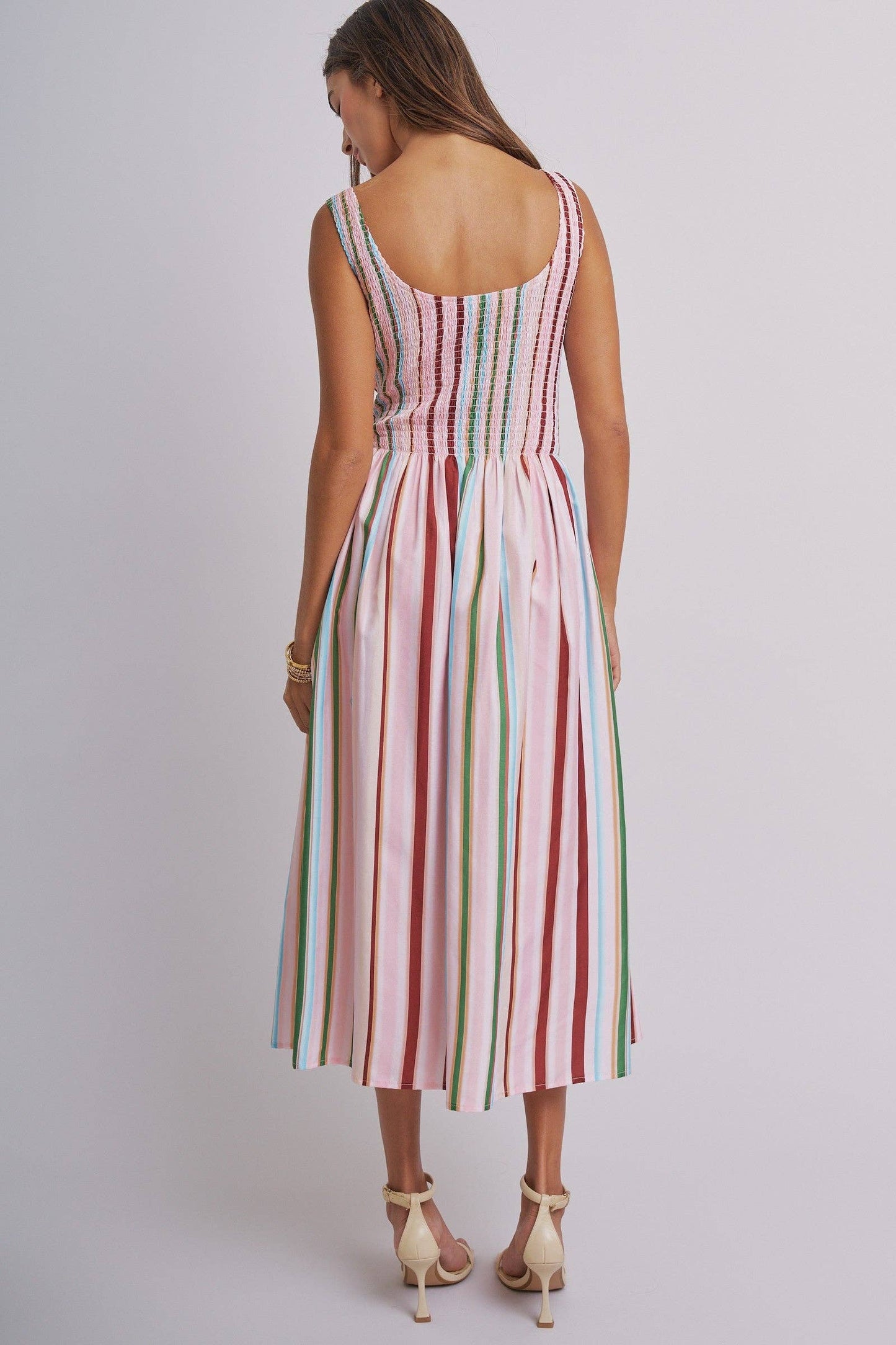 Candy Stripe Smocked Midi Dress With High Neckline: Multi / S-M-L