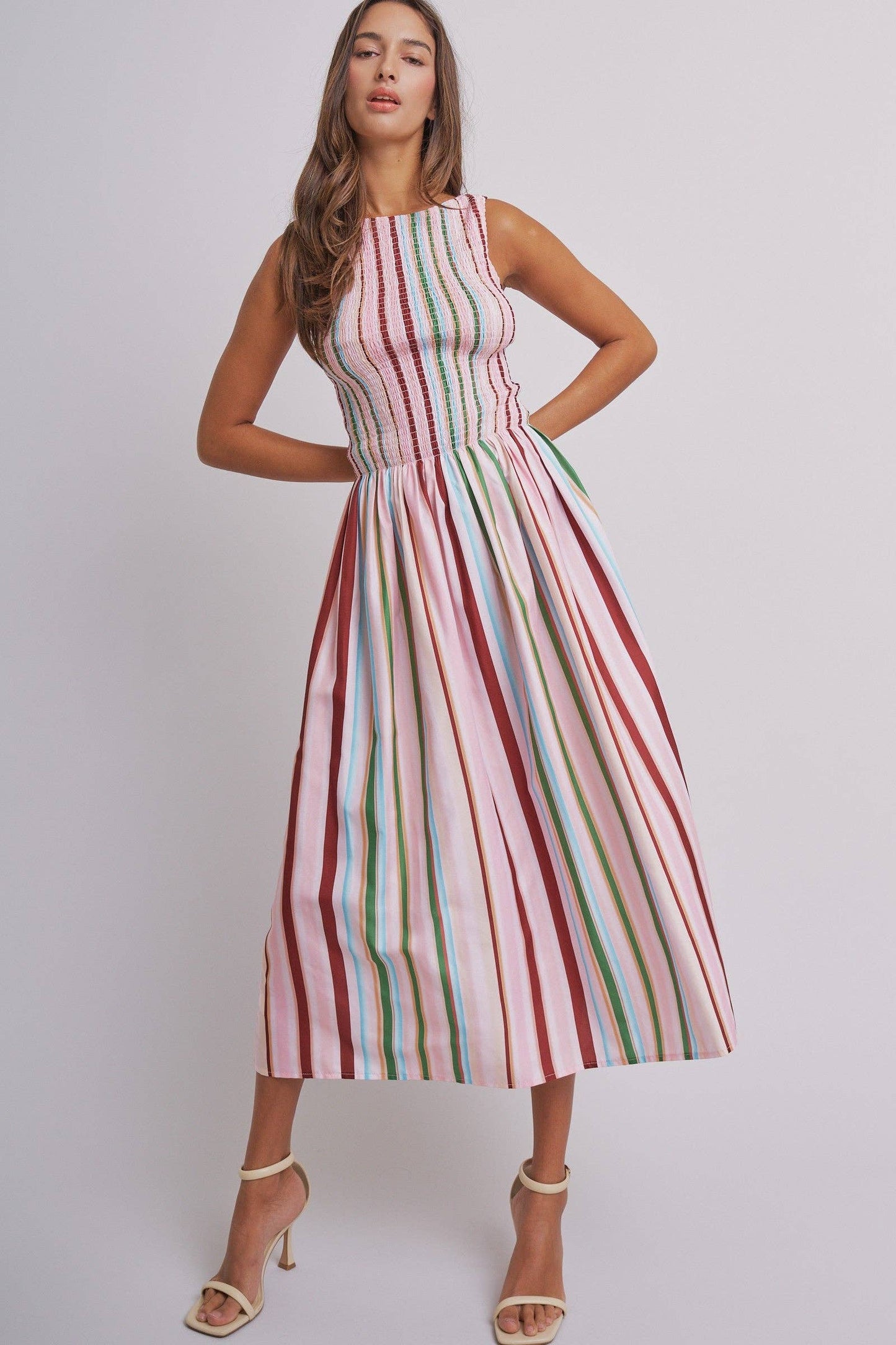 Candy Stripe Smocked Midi Dress With High Neckline: Multi / S-M-L