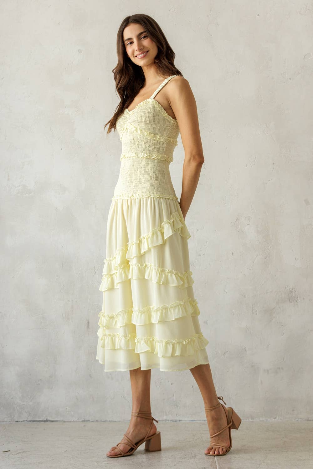 SONG BIRD YELLOW SMOCKED RUFFLE MIDI DRESS