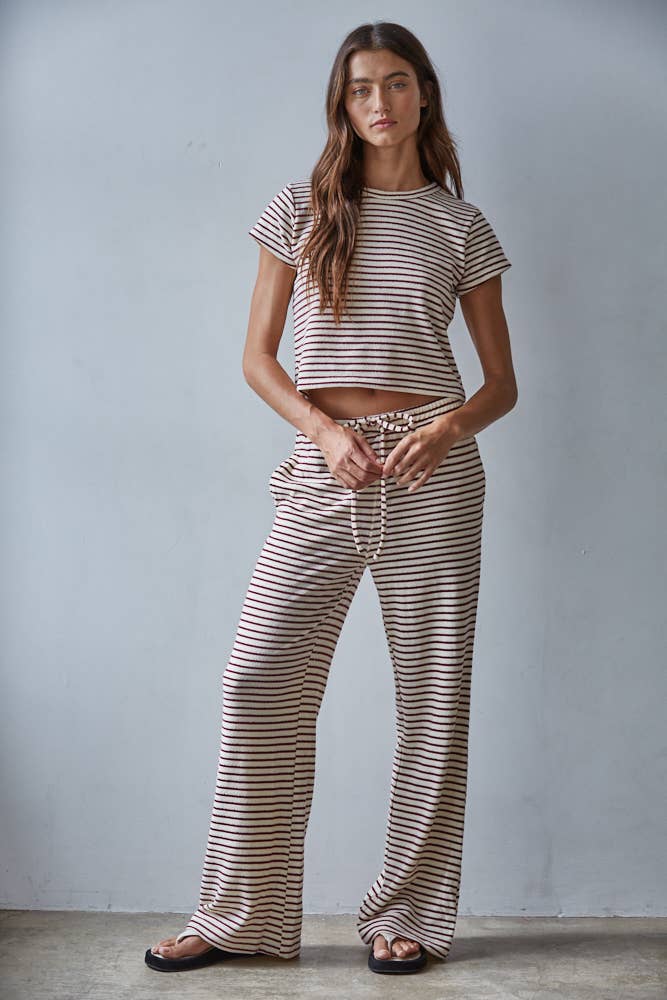 L8945B | Knit Polyester Cotton Striped Flare Pants: Grey Blue / M
