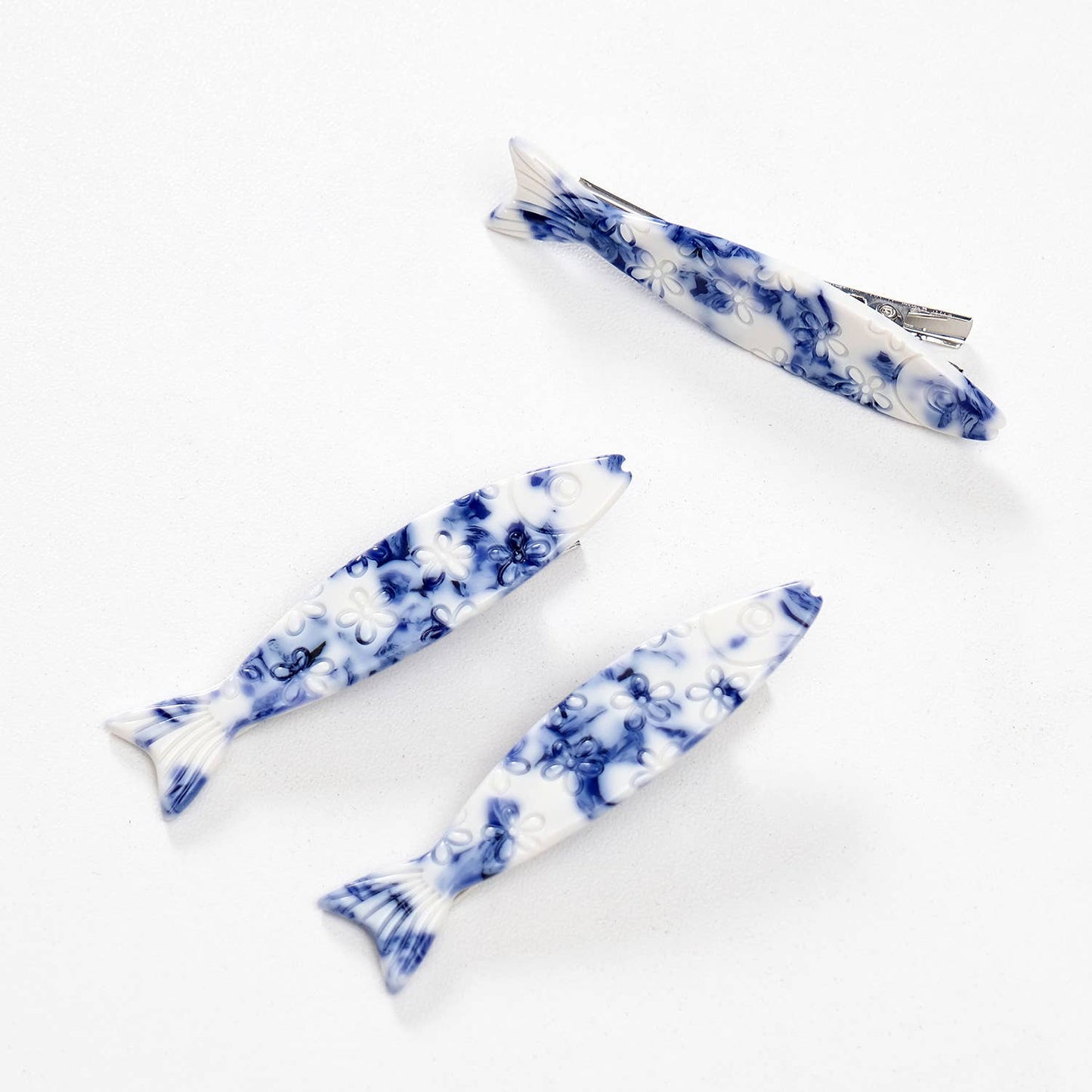 Coastal Blue Floral Sardine Fish Barrette Hair Clip - Small