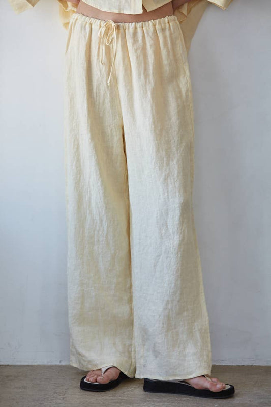 Butter Yellow Linen Wide Leg Pants with Tie Strap