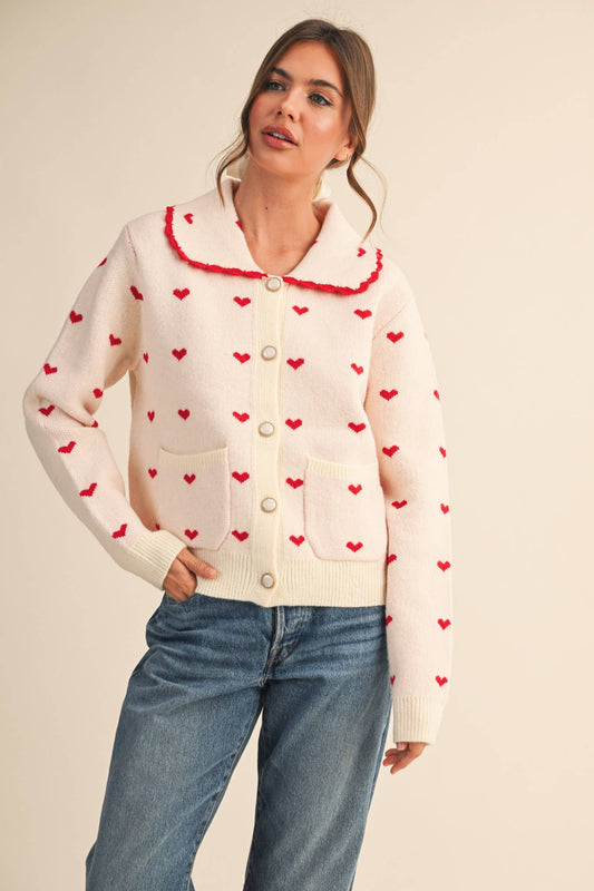 LOVER GIRL DOLL COLLAR RED HEART KNIT SWEATER CARDIGAN - IVORY & RED