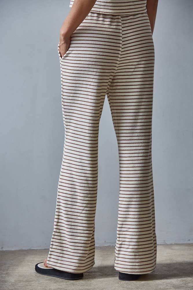 L8945B | Knit Polyester Cotton Striped Flare Pants: Grey Blue / M