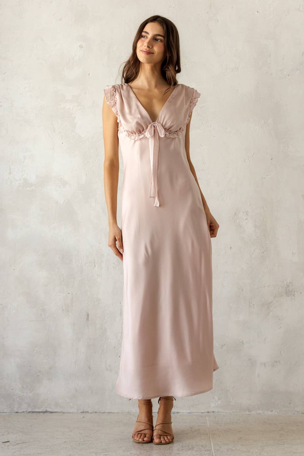 SIREN SATIN RUFFLE TIE MIDI DRESS: PINK