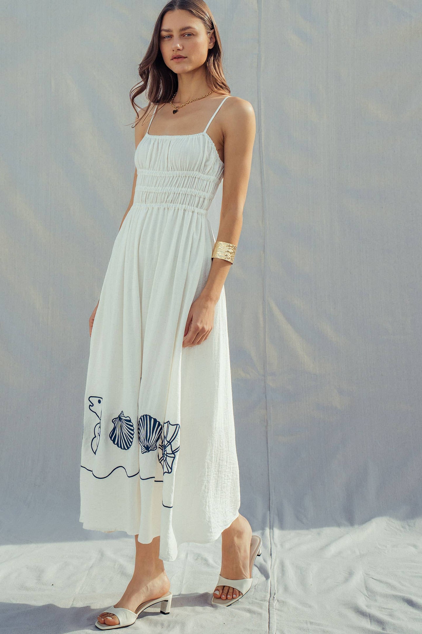 Seashell Embroidered Linen Blend Smocked Dress