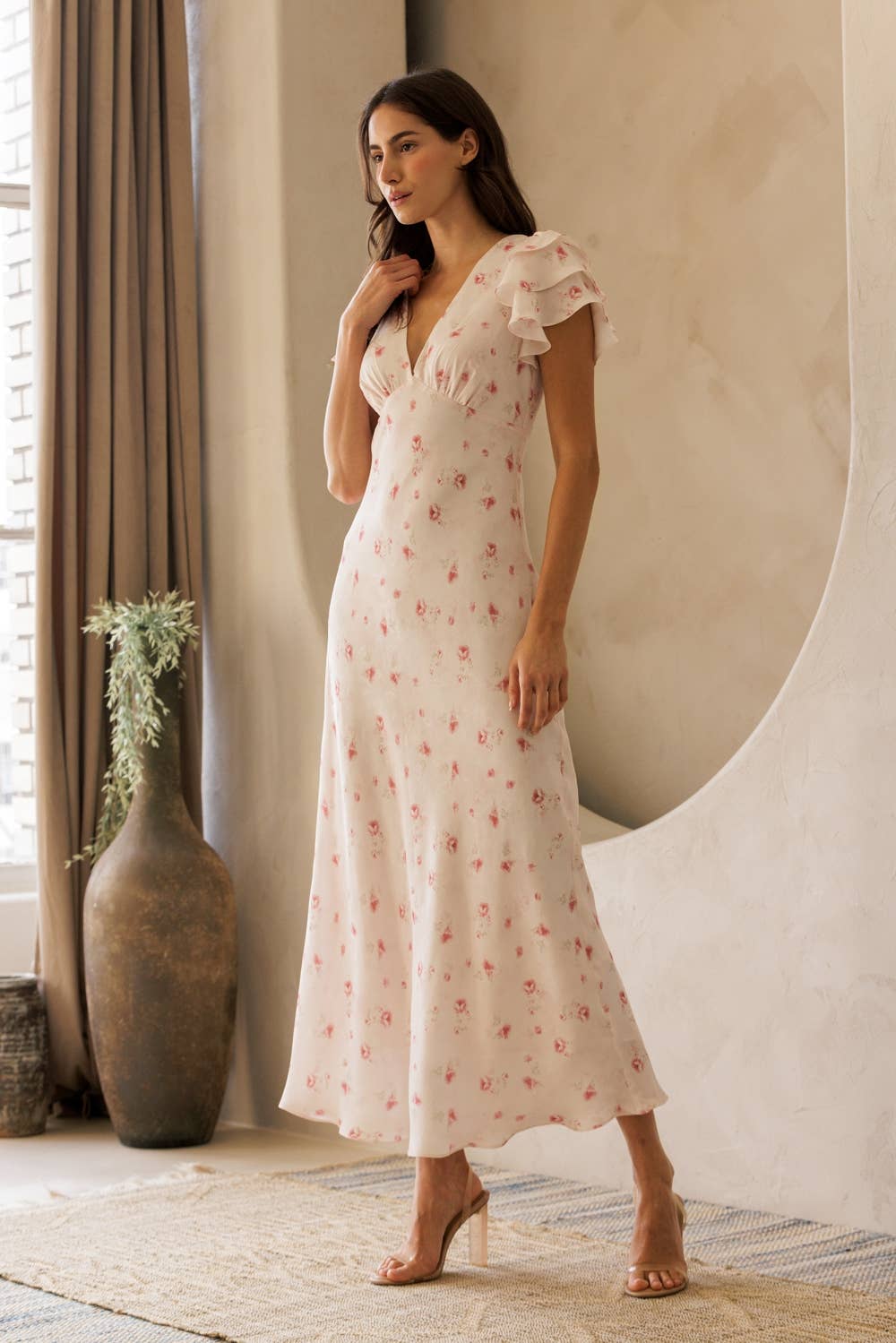 LANA FLORAL V-NECK MIDI DRESS: PINK FLORAL
