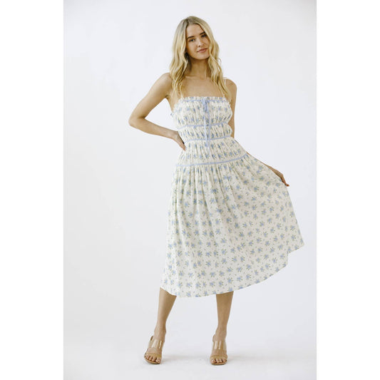 FLORAL PRINT AND CONTRAST LINING MIDI DRESS: IVORY/BLUE FLORAL