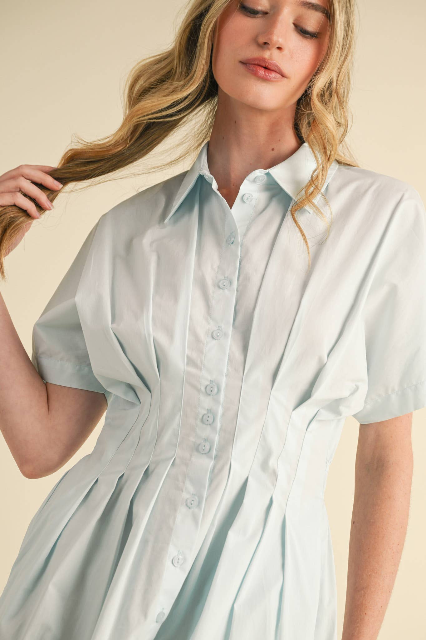 THE BEST HOSTESS BUTTON DOWN PLEATED WAIST COLOR BLOCK DRESS
