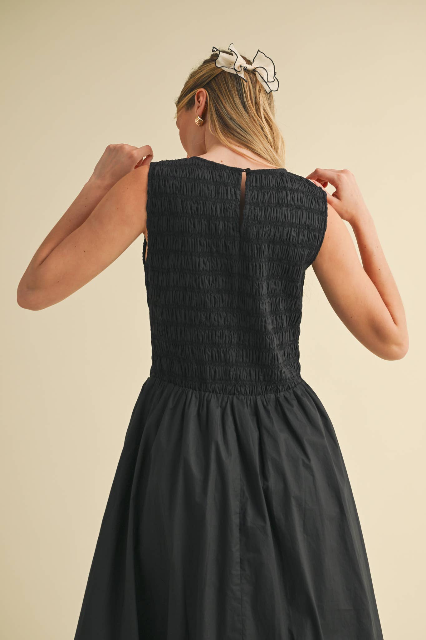 SMOCKED BUBBLE HEM MIDI DRESS MARINE BLUE