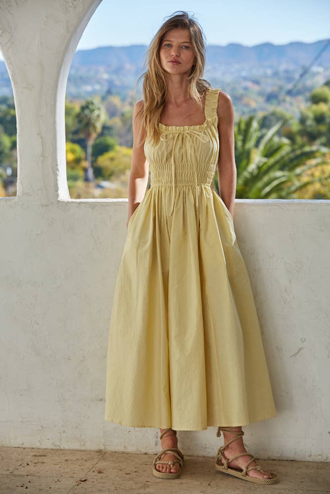 South of France Butter Yellow Woven Cotton Sweetheart Neck Dress