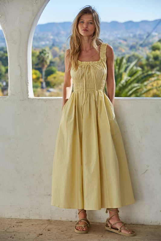 South of France Butter Yellow Woven Cotton Sweetheart Neck Dress