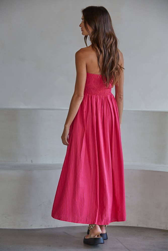 L6998 | Striped Tube Neck Strapless Flare Maxi Dress: Dusty Blue / S